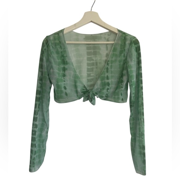 Green Groovy Cropped Tie Dye Long sleeve Top Size Small - Picture 1 of 11